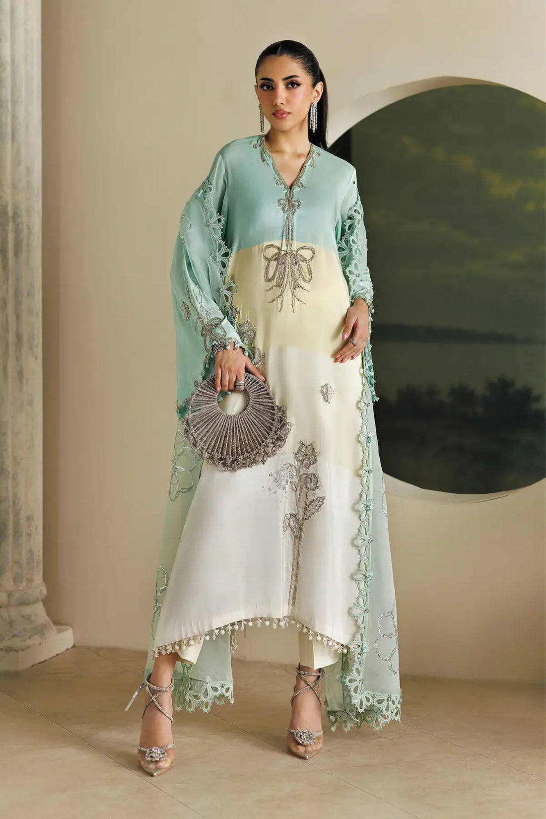 Crystal Mint aqua and off-white embroidered raw silk stitched wedding suit with pearl embellishments and organza dupatta by Maria.B