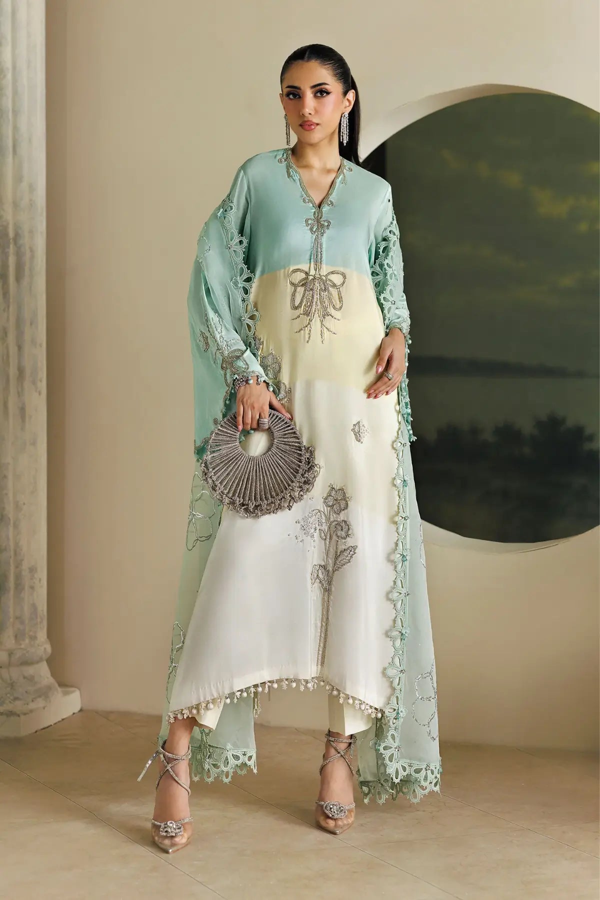 Crystal Mint aqua and off-white embroidered raw silk stitched wedding suit with pearl embellishments and organza dupatta by Maria.B