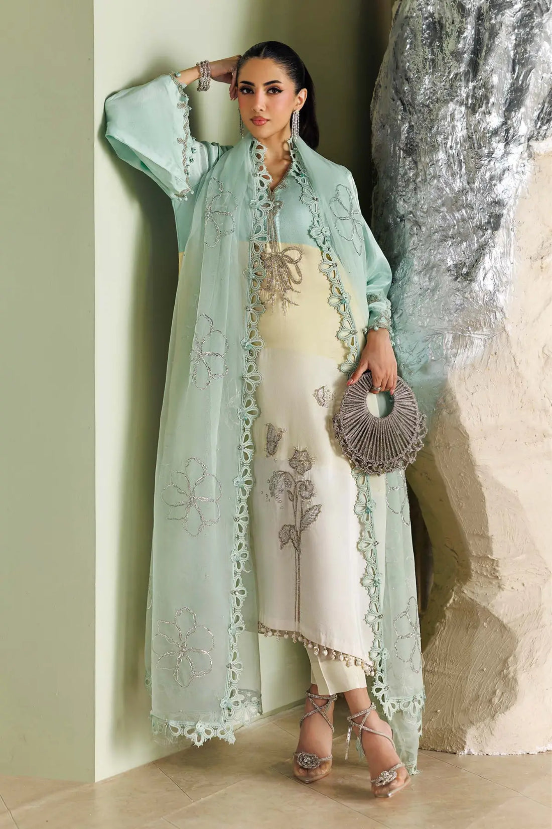 Crystal Mint aqua and off-white embroidered raw silk stitched wedding suit with pearl embellishments and organza dupatta by Maria.B