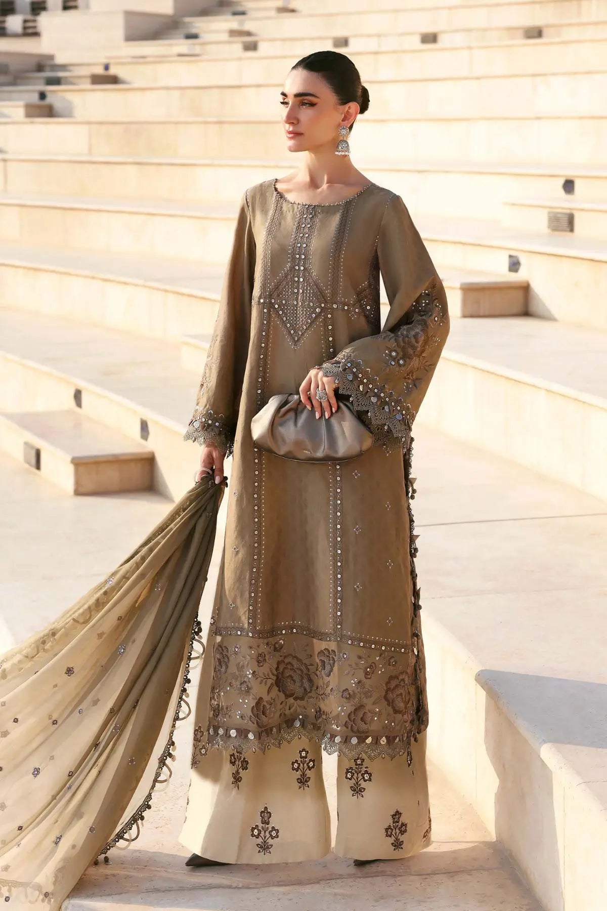 Maria B beige off-white elegant jacquard lawn 3PC stitched suit at Pakistanimoda