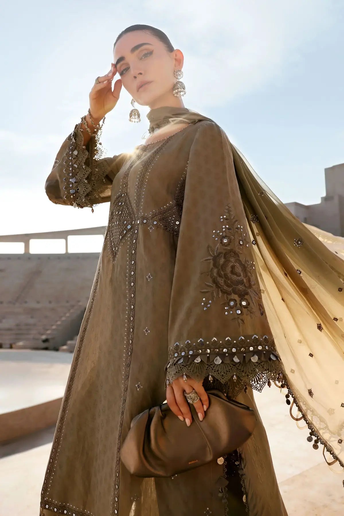Maria B beige off-white elegant jacquard lawn 3PC stitched suit at Pakistanimoda