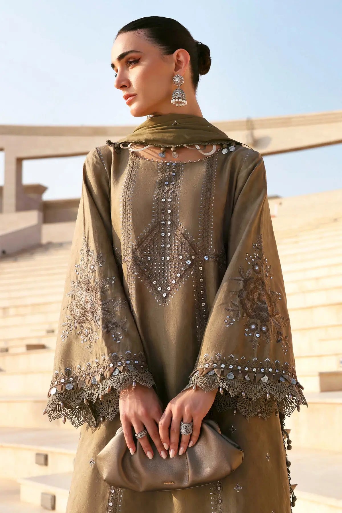 Maria B beige off-white elegant jacquard lawn 3PC stitched suit at Pakistanimoda