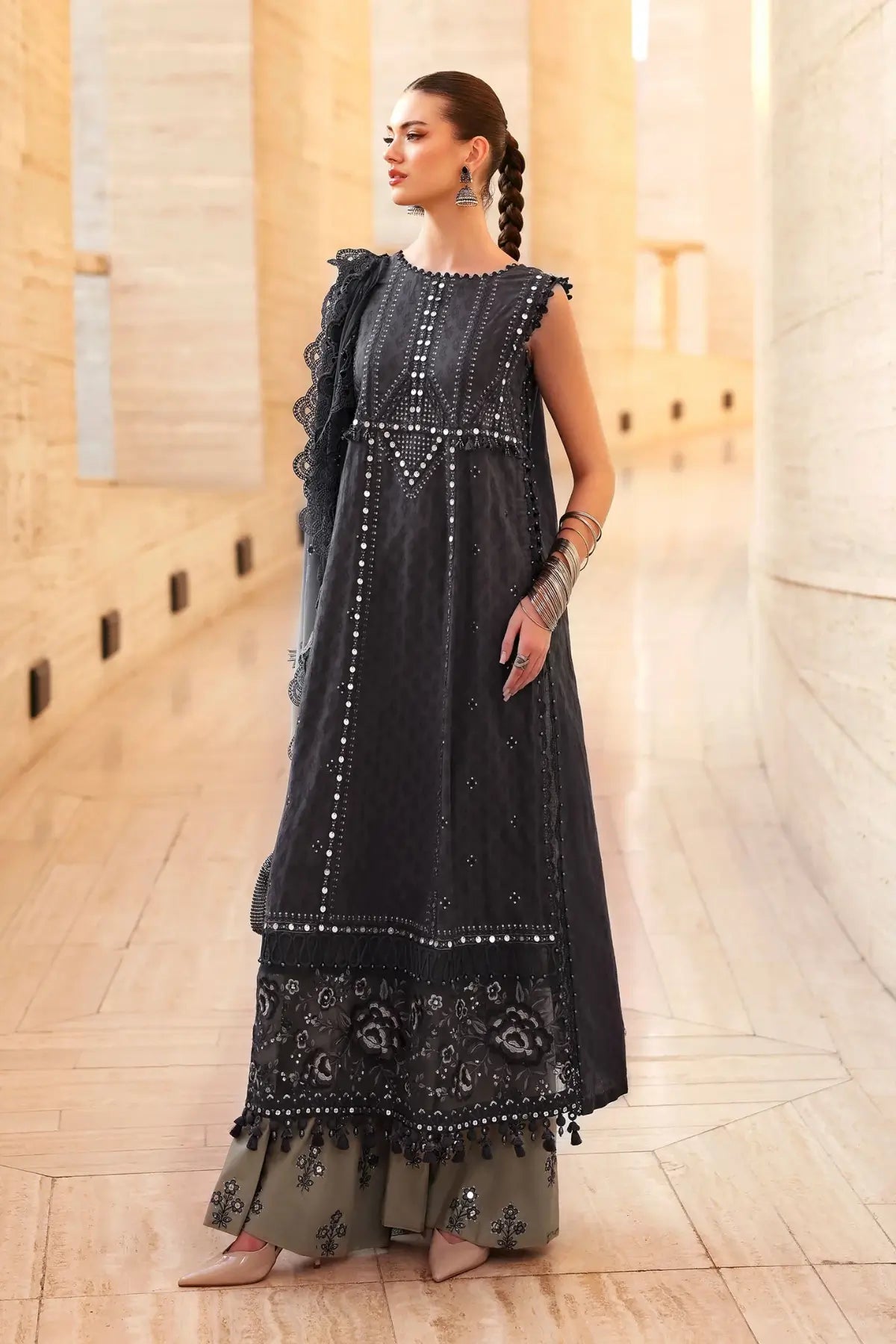 Maria B navy coffee elegant jacquard lawn 3PC stitched suit at Pakistanimoda