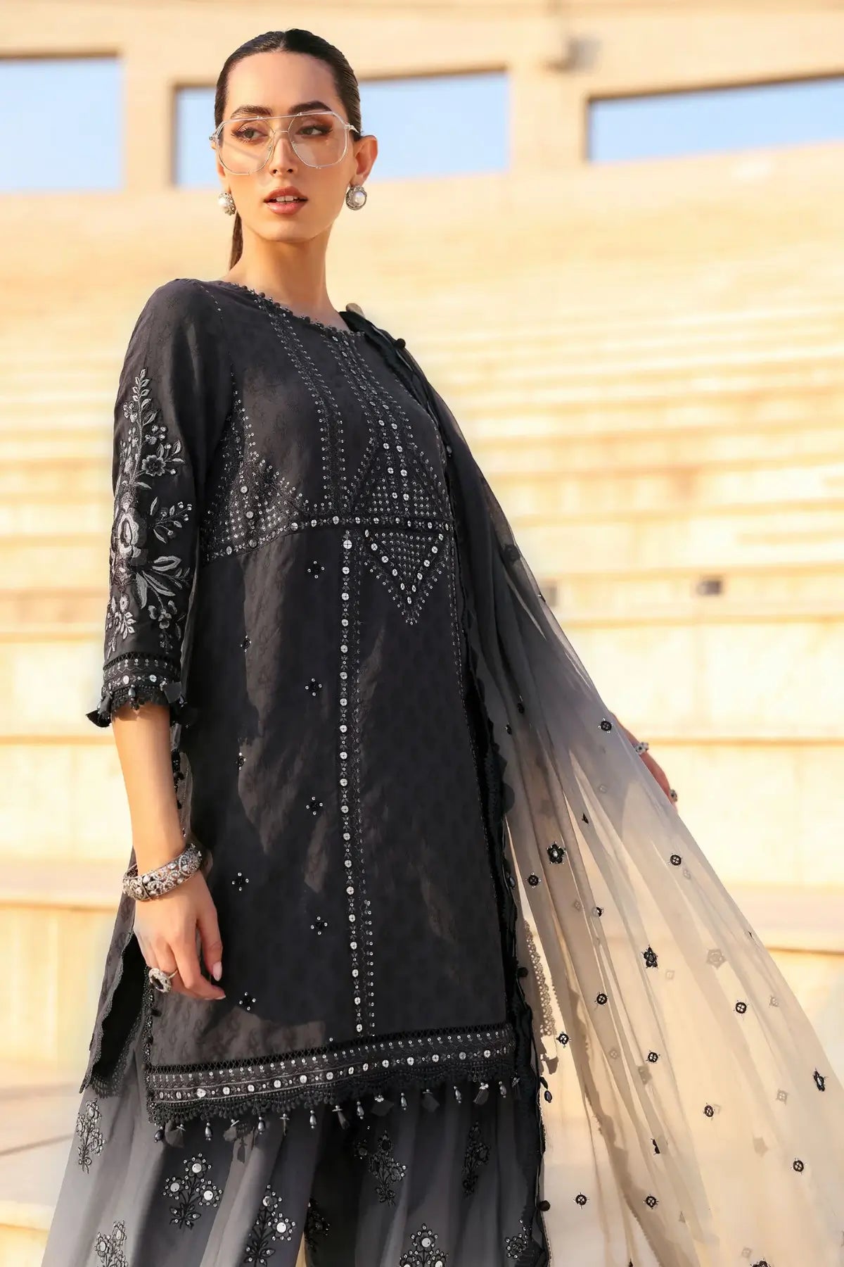Maria B navy coffee elegant jacquard lawn 3PC stitched suit at Pakistanimoda
