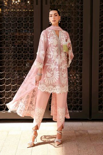 Maria B pink embroidered karandi lawn stitched suit with 3D floral accents Pakistanimoda