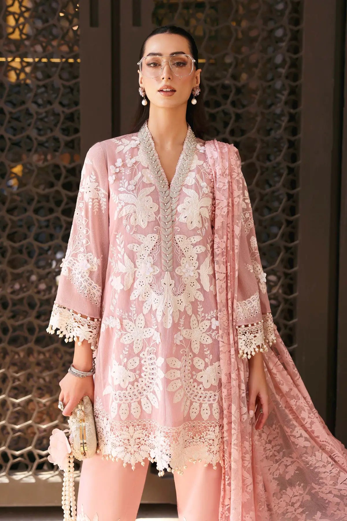 Maria B pink embroidered karandi lawn stitched suit with 3D floral accents Pakistanimoda