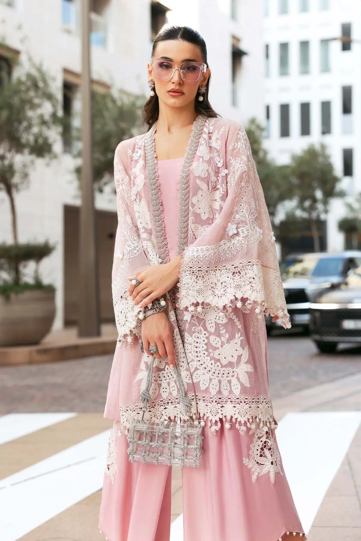 Maria B pink embroidered karandi lawn stitched suit with 3D floral accents Pakistanimoda