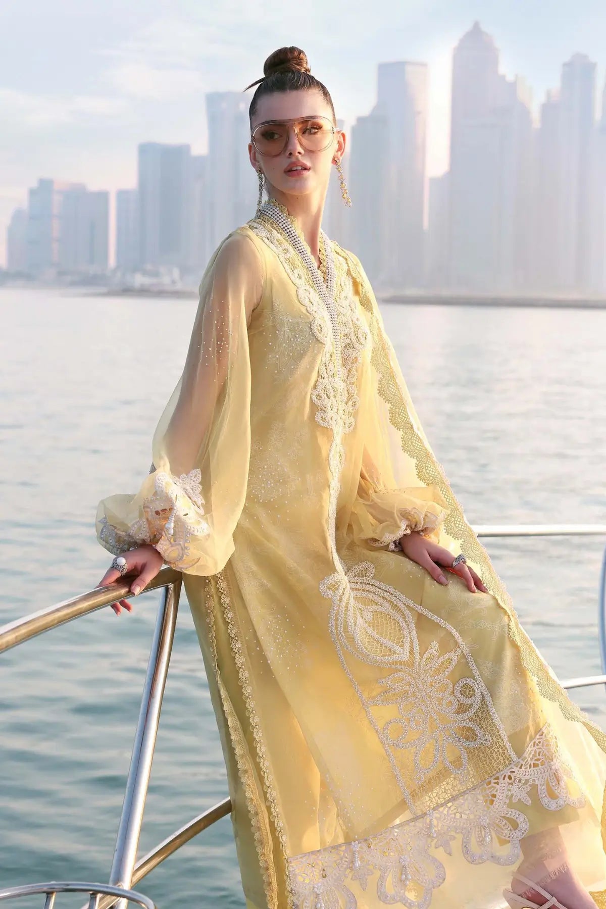 Maria B yellow off-white pearl organza 3PC stitched suit by Pakistanimoda