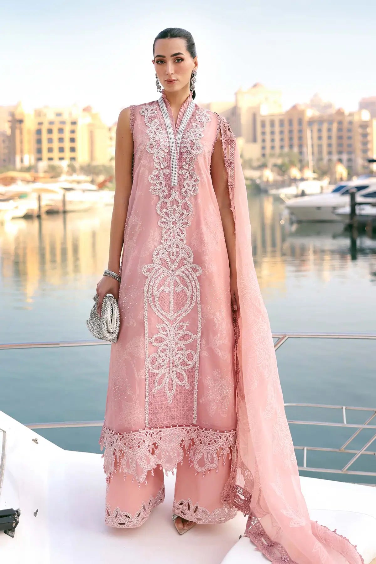 Maria B pink off-white organza 3PC stitched suit with pearl details