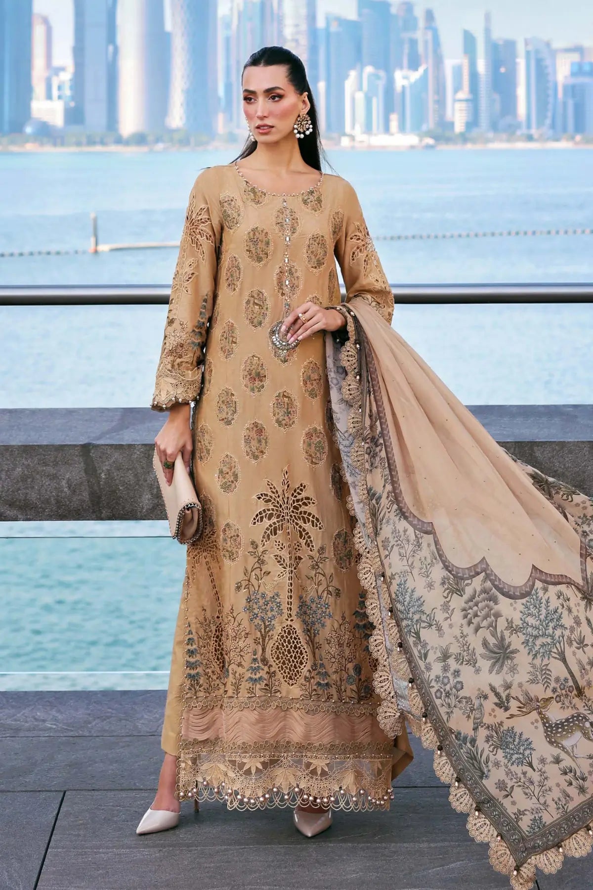Maria B mustard elegant jacquard lawn 3PC stitched suit at Pakistanimoda