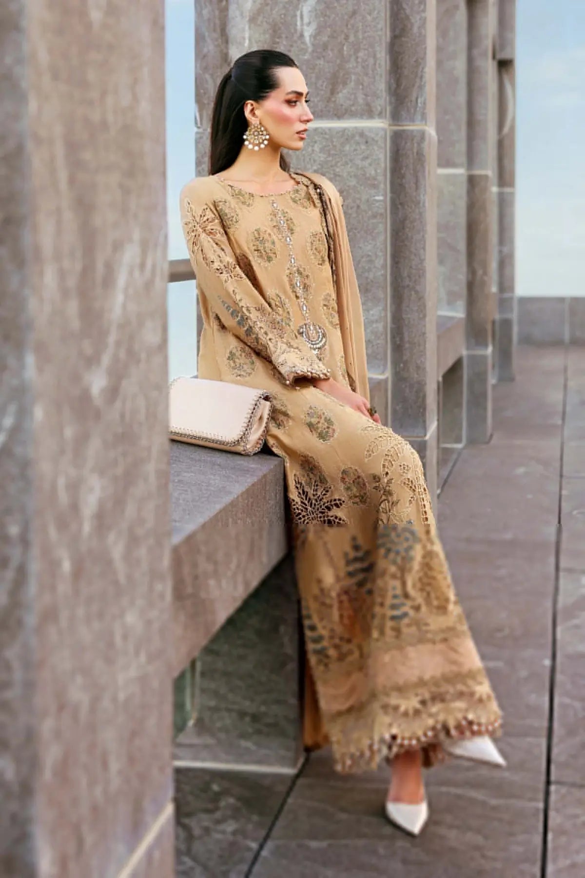 Maria B mustard elegant jacquard lawn 3PC stitched suit at Pakistanimoda