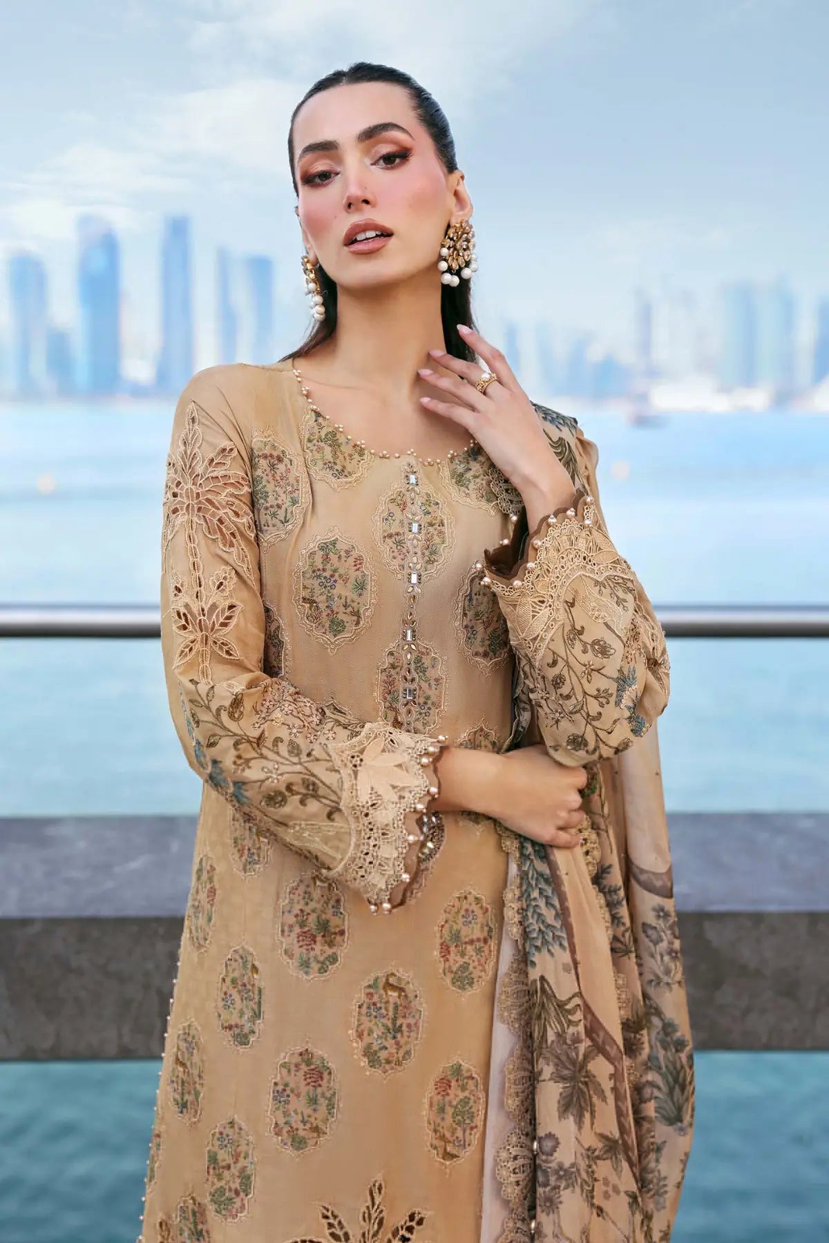 Maria B mustard elegant jacquard lawn 3PC stitched suit at Pakistanimoda