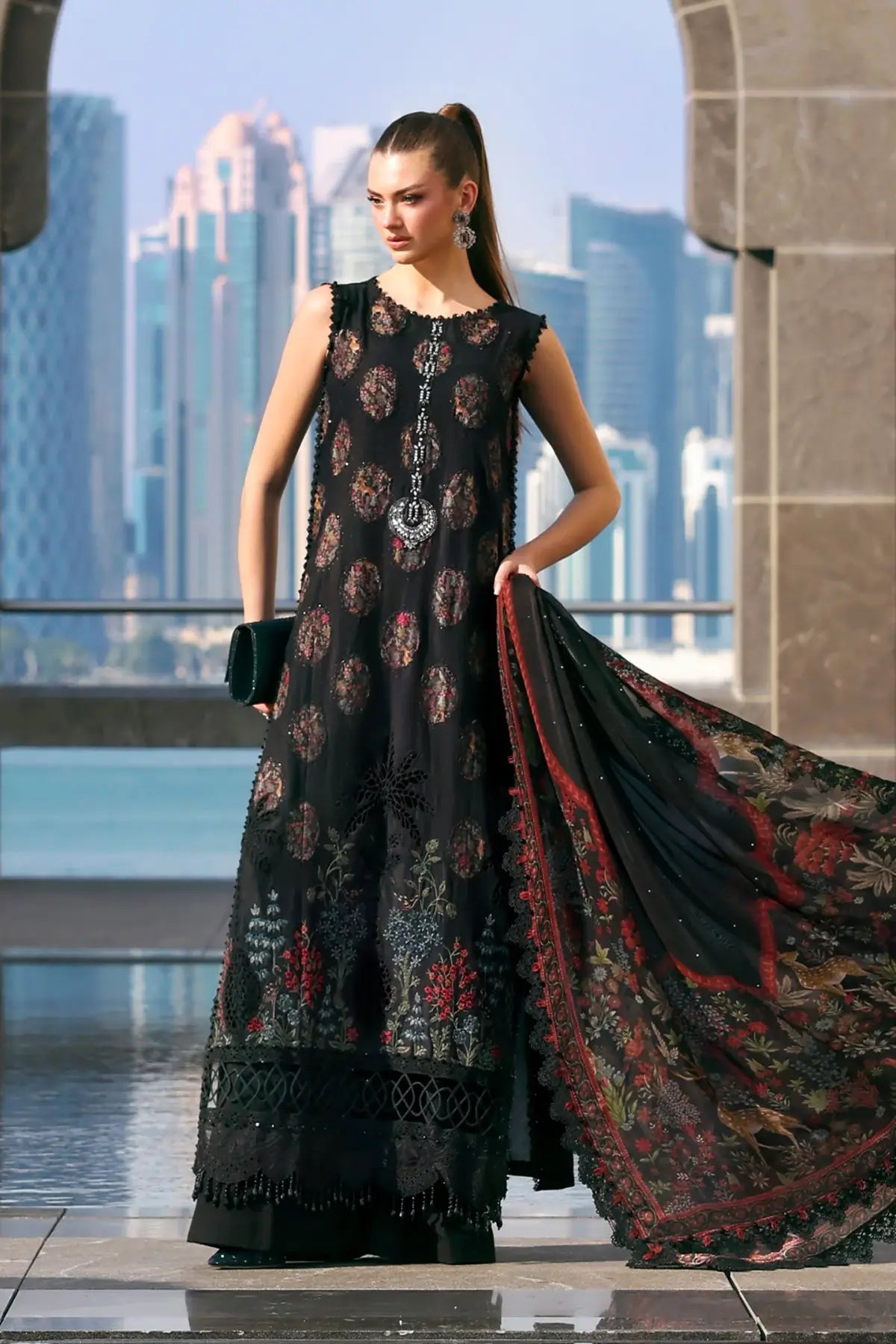 Maria B black embroidered jacquard lawn stitched suit with diamante details Pakistanimoda