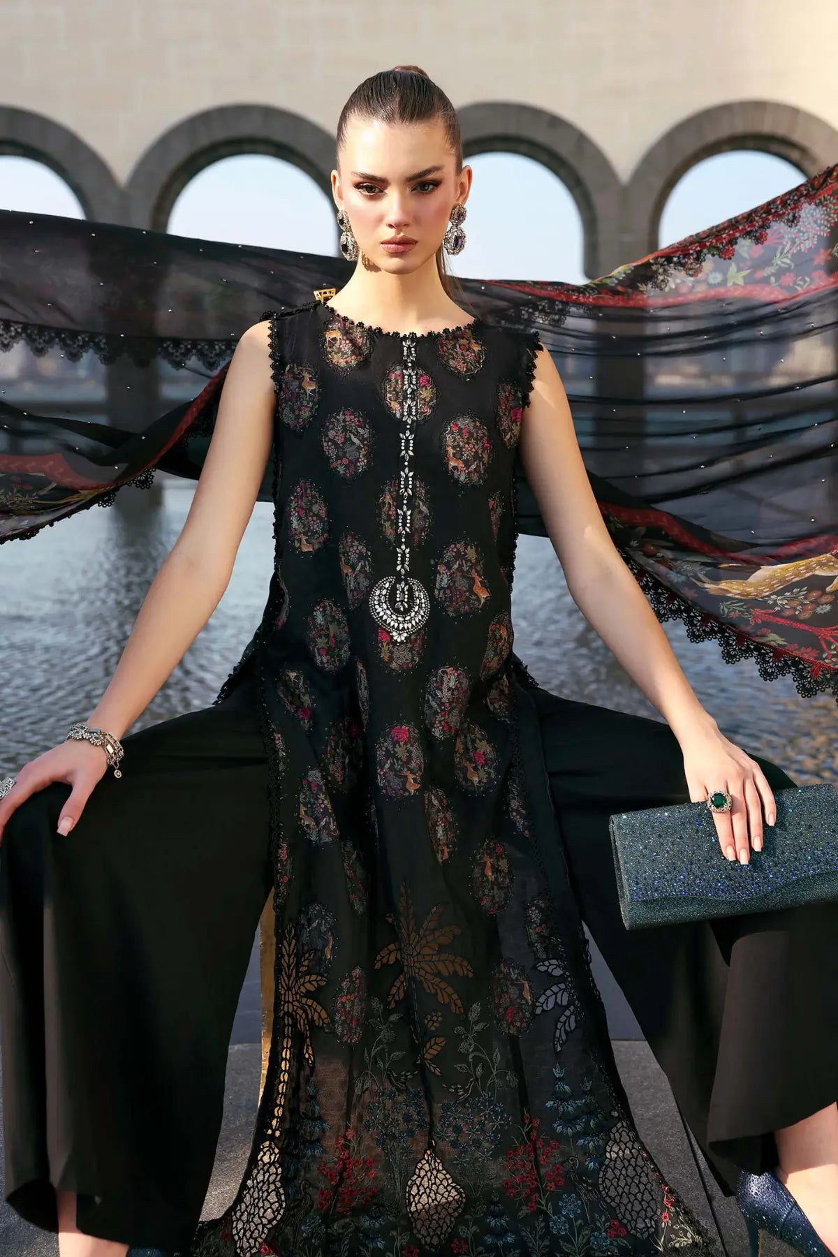 Maria B black embroidered jacquard lawn stitched suit with diamante details Pakistanimoda