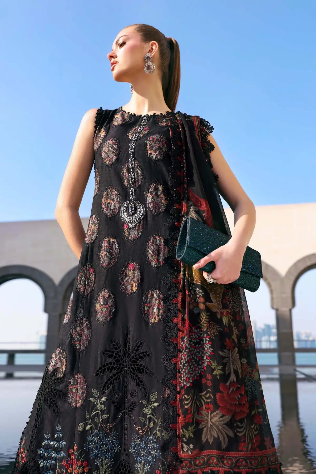 Maria B black embroidered jacquard lawn stitched suit with diamante details Pakistanimoda