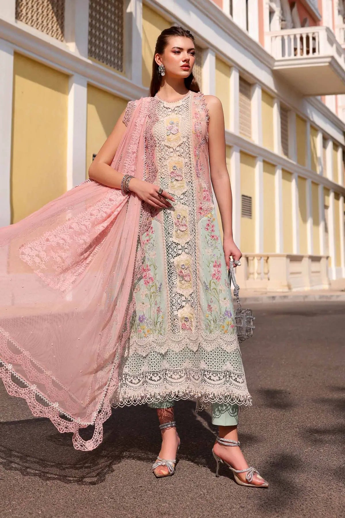Maria B pink aqua elegant lawn 3PC stitched suit with embroidered design at Pakistanimoda