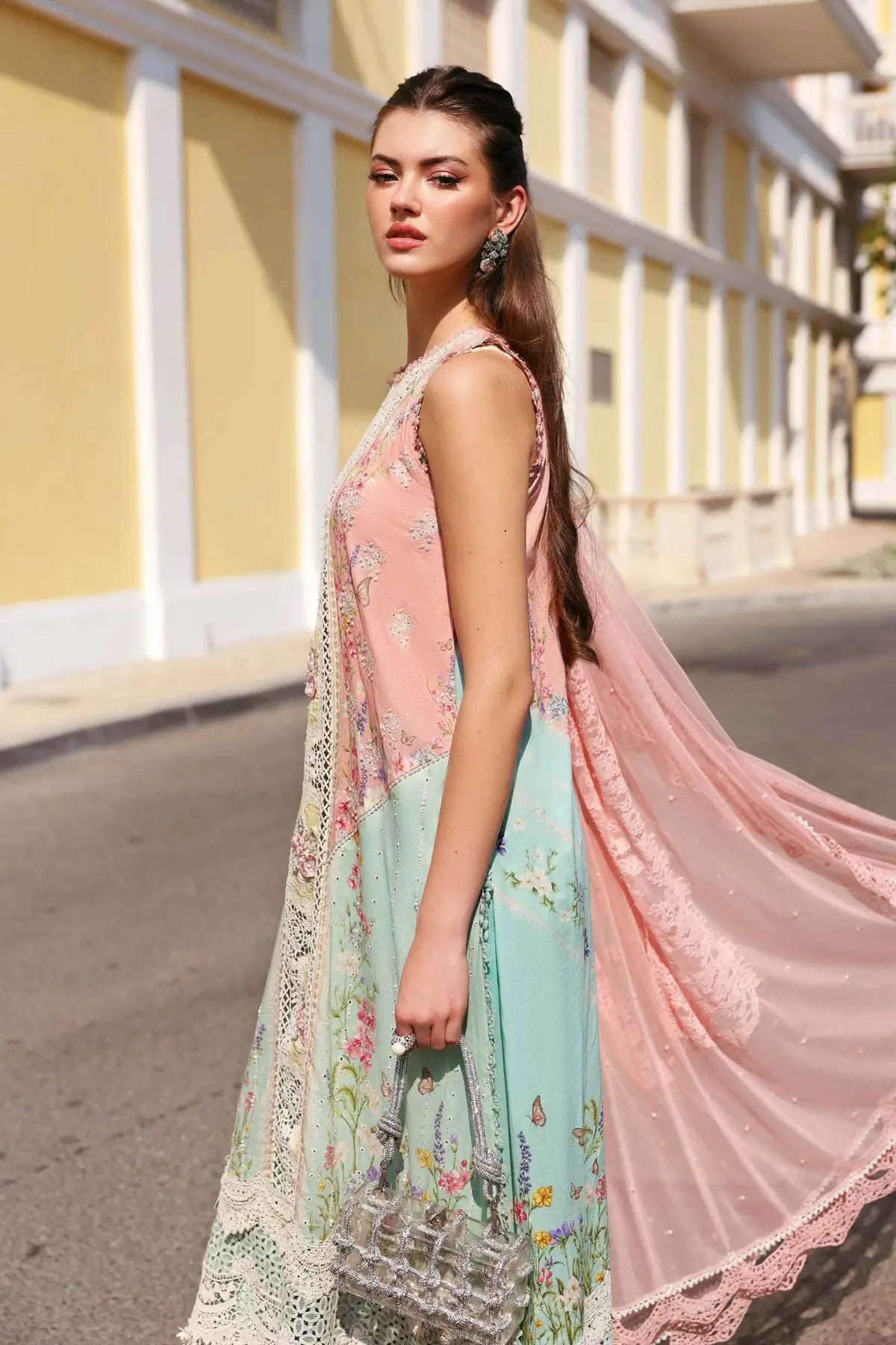 Maria B pink aqua elegant lawn 3PC stitched suit with embroidered design at Pakistanimoda