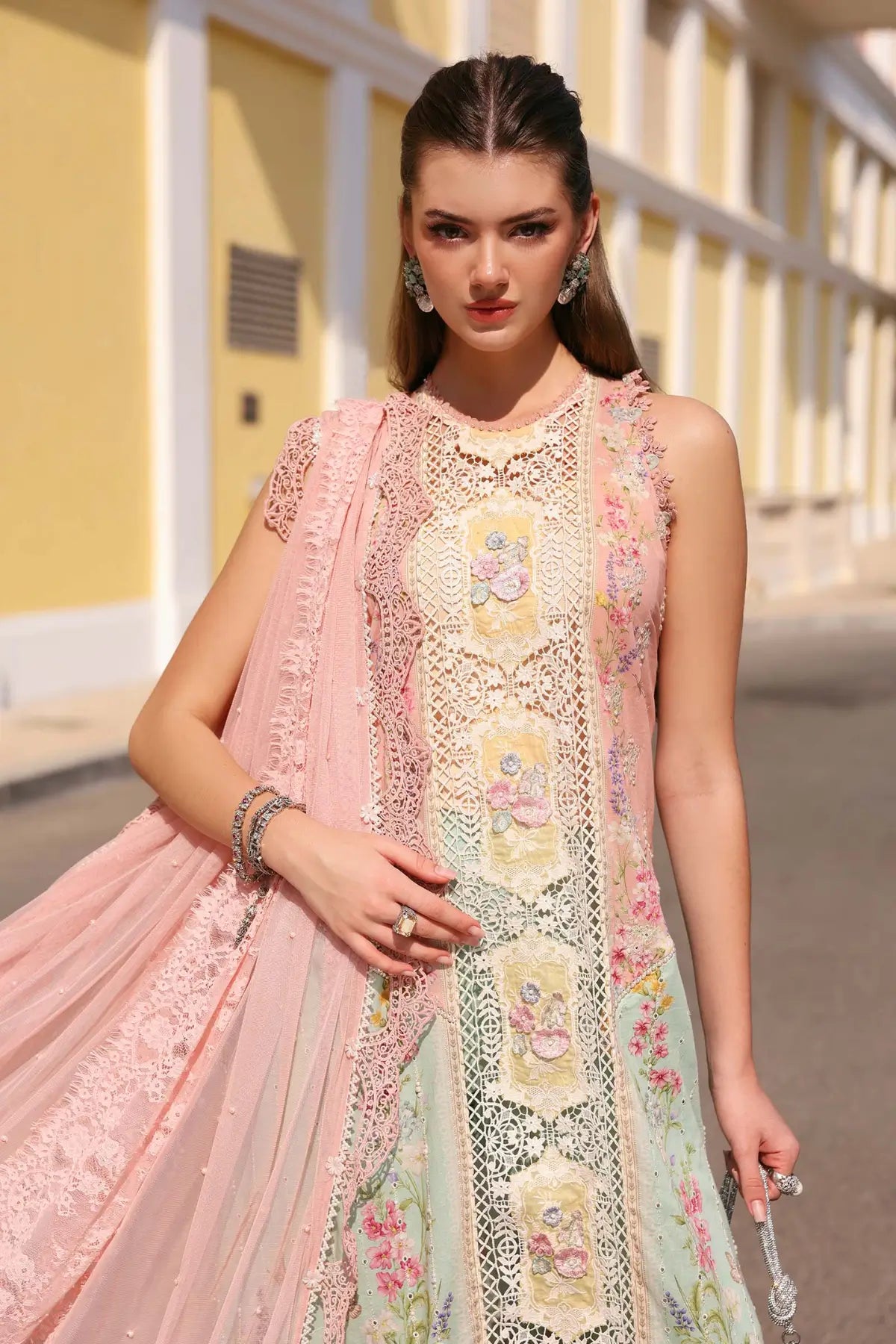 Maria B pink aqua elegant lawn 3PC stitched suit with embroidered design at Pakistanimoda