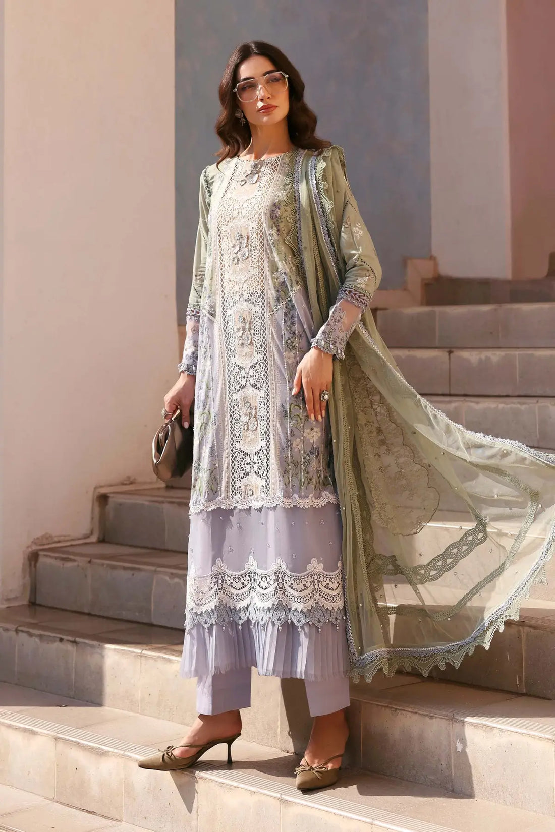 Maria B pistachio green lilac embroidered lawn stitched suit with pearl details Pakistanimoda