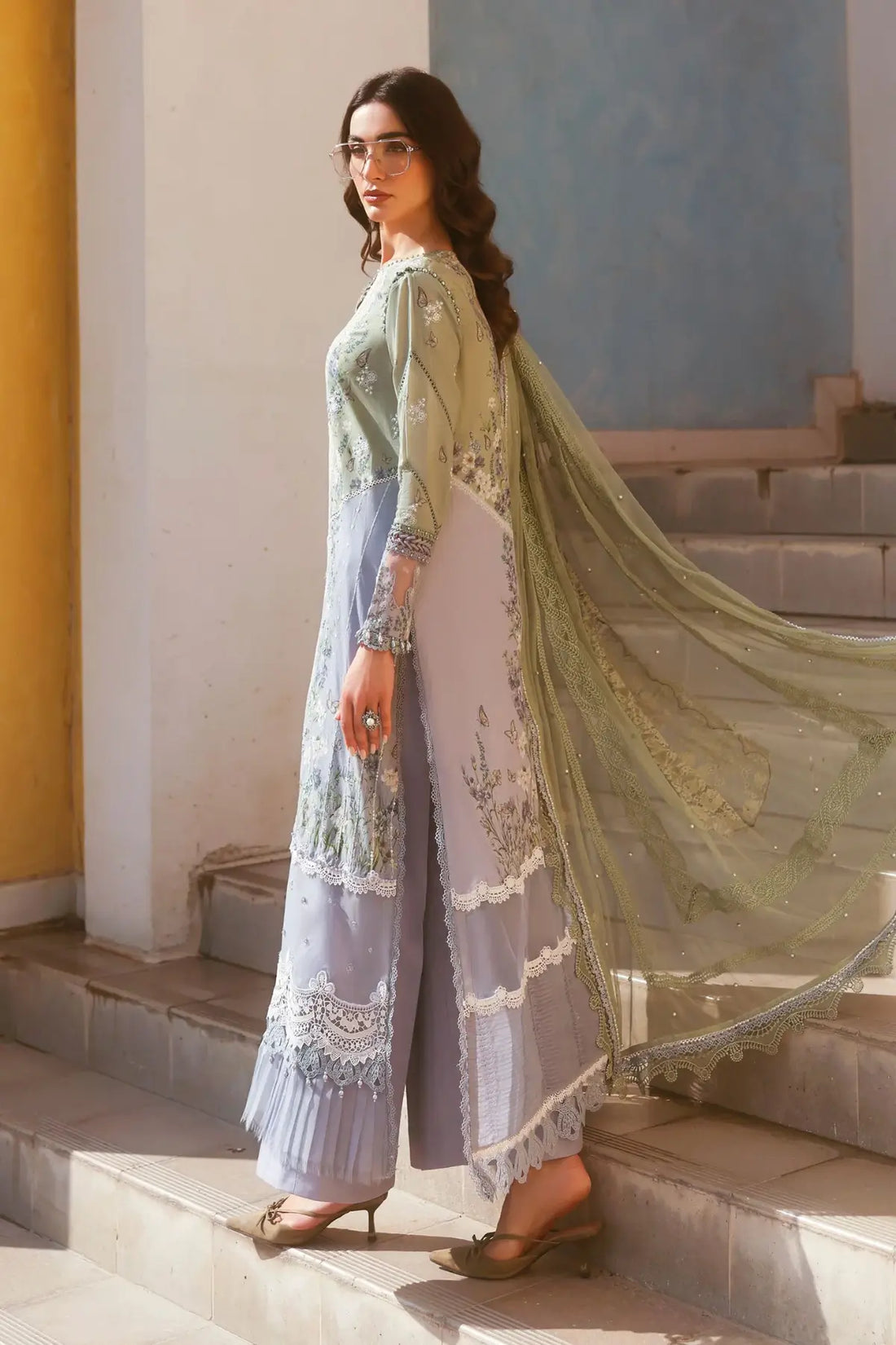 Maria B pistachio green lilac embroidered lawn stitched suit with pearl details Pakistanimoda