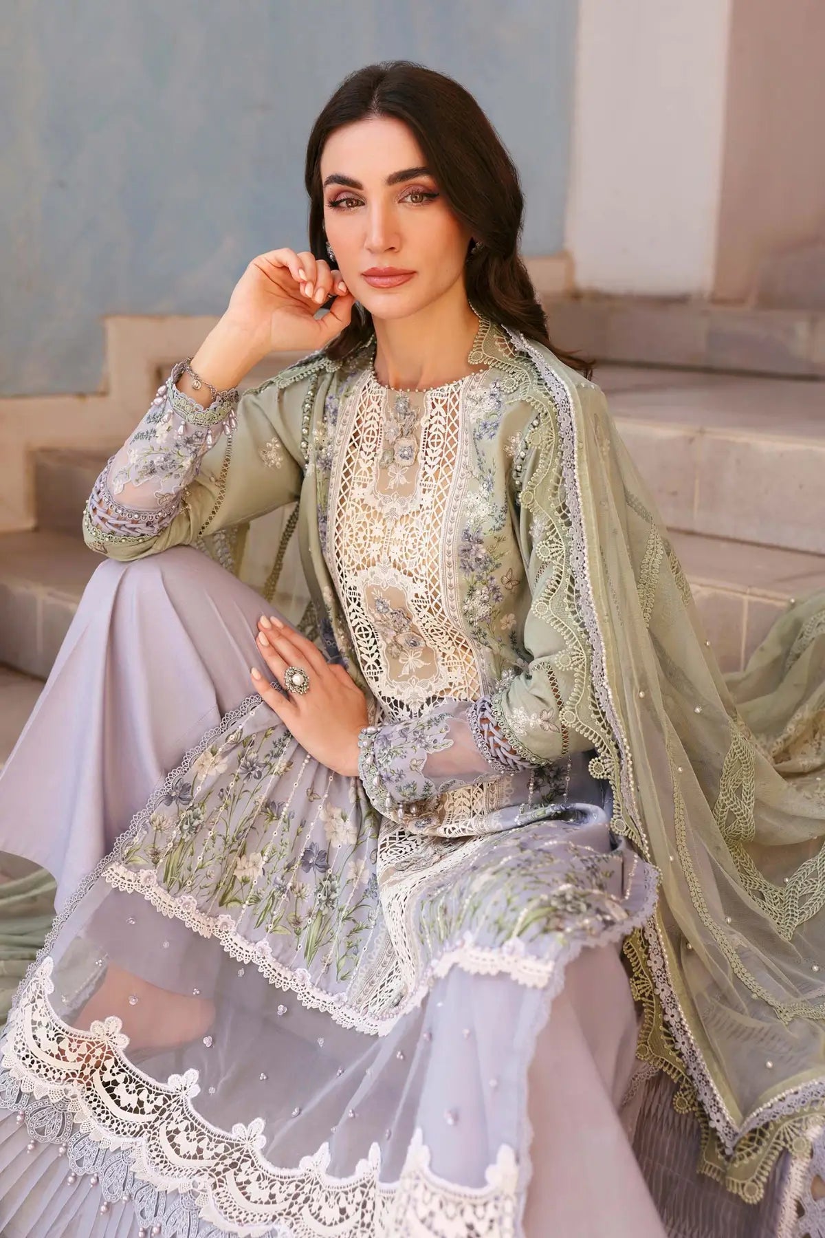 Maria B pistachio green lilac embroidered lawn stitched suit with pearl details Pakistanimoda