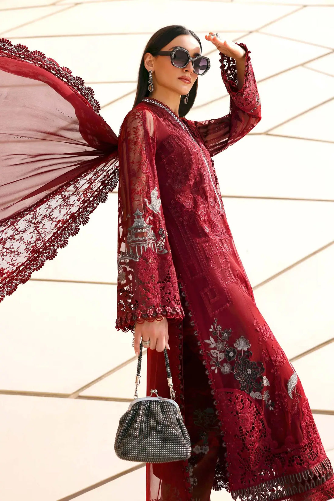 Maria B red elegant net 3PC stitched suit with chiffon dupatta at Pakistanimoda