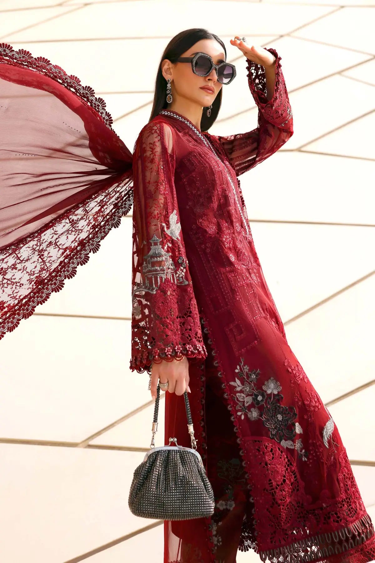 Maria B red elegant net 3PC stitched suit with chiffon dupatta at Pakistanimoda
