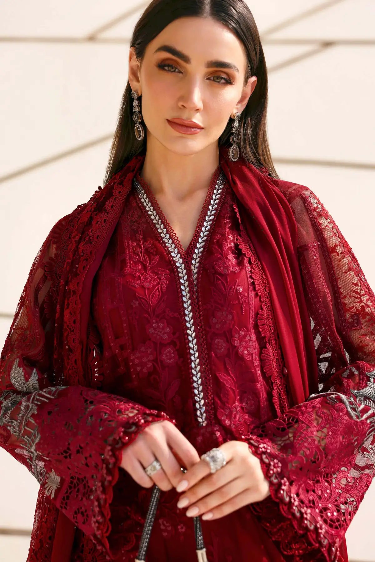 Maria B red elegant net 3PC stitched suit with chiffon dupatta at Pakistanimoda