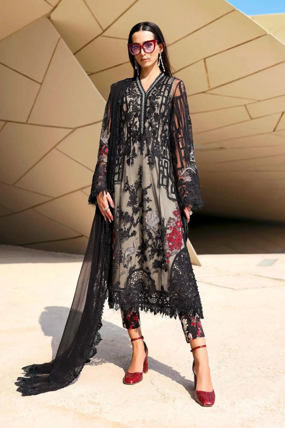 Maria B black embroidered net stitched suit with diamante details Pakistanimoda