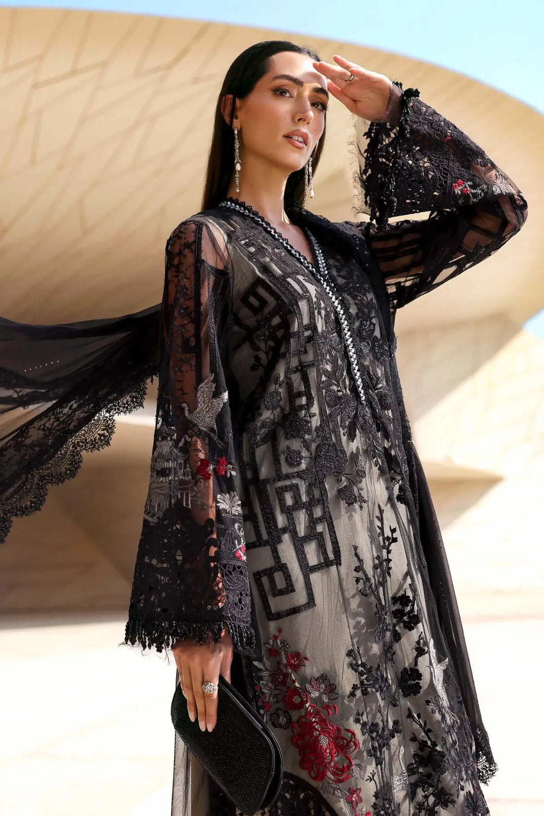 Maria B black embroidered net stitched suit with diamante details Pakistanimoda