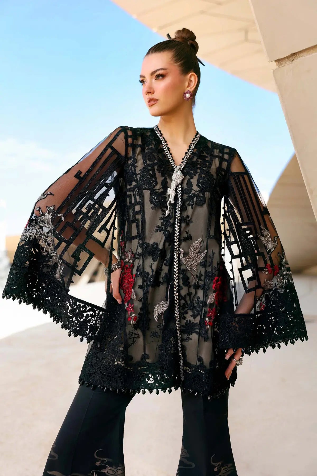 Maria B black embroidered net stitched suit with diamante details Pakistanimoda
