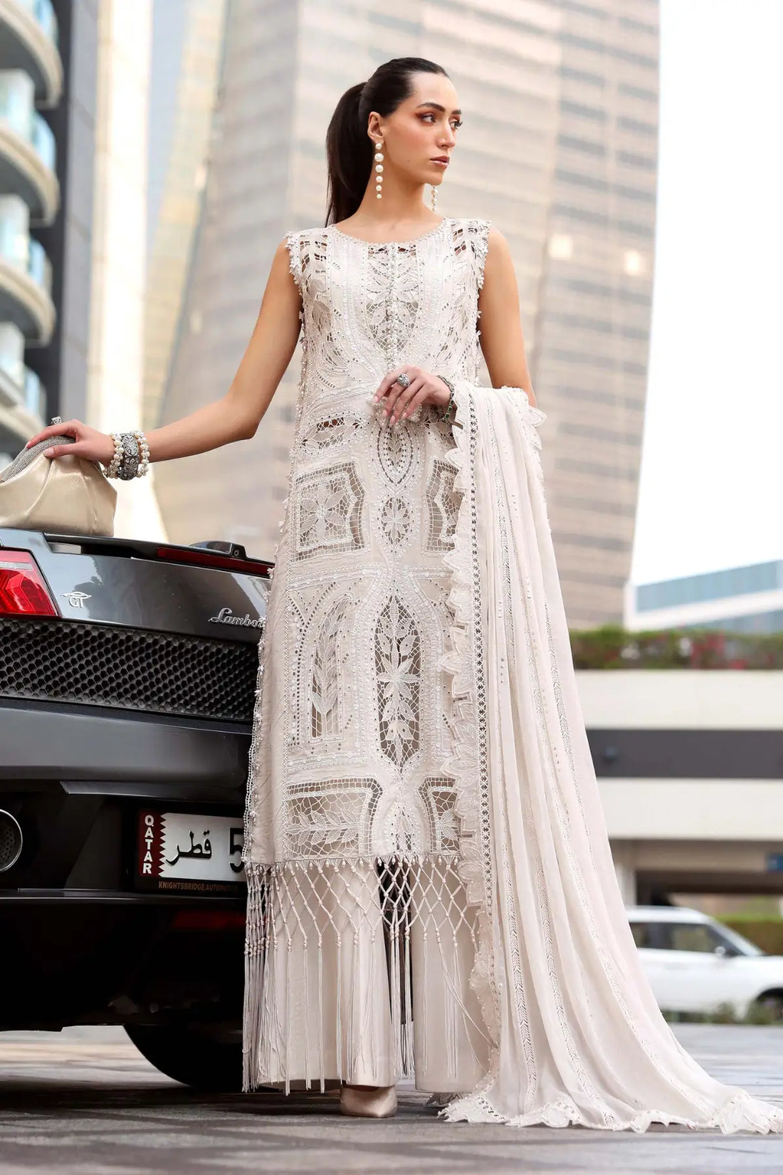 Maria B ivory pearl embroidered lawn 3PC stitched suit with chiffon diamante dupatta