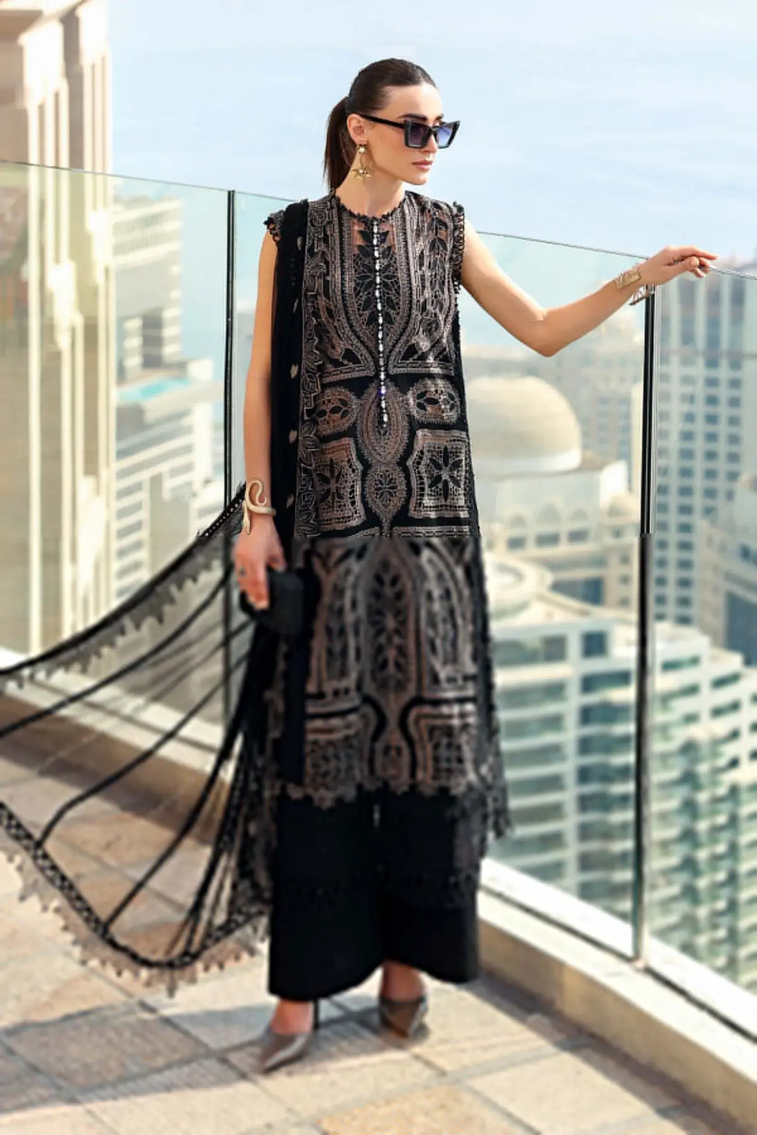 Maria B black festive lawn 3PC stitched suit with diamante chiffon dupatta