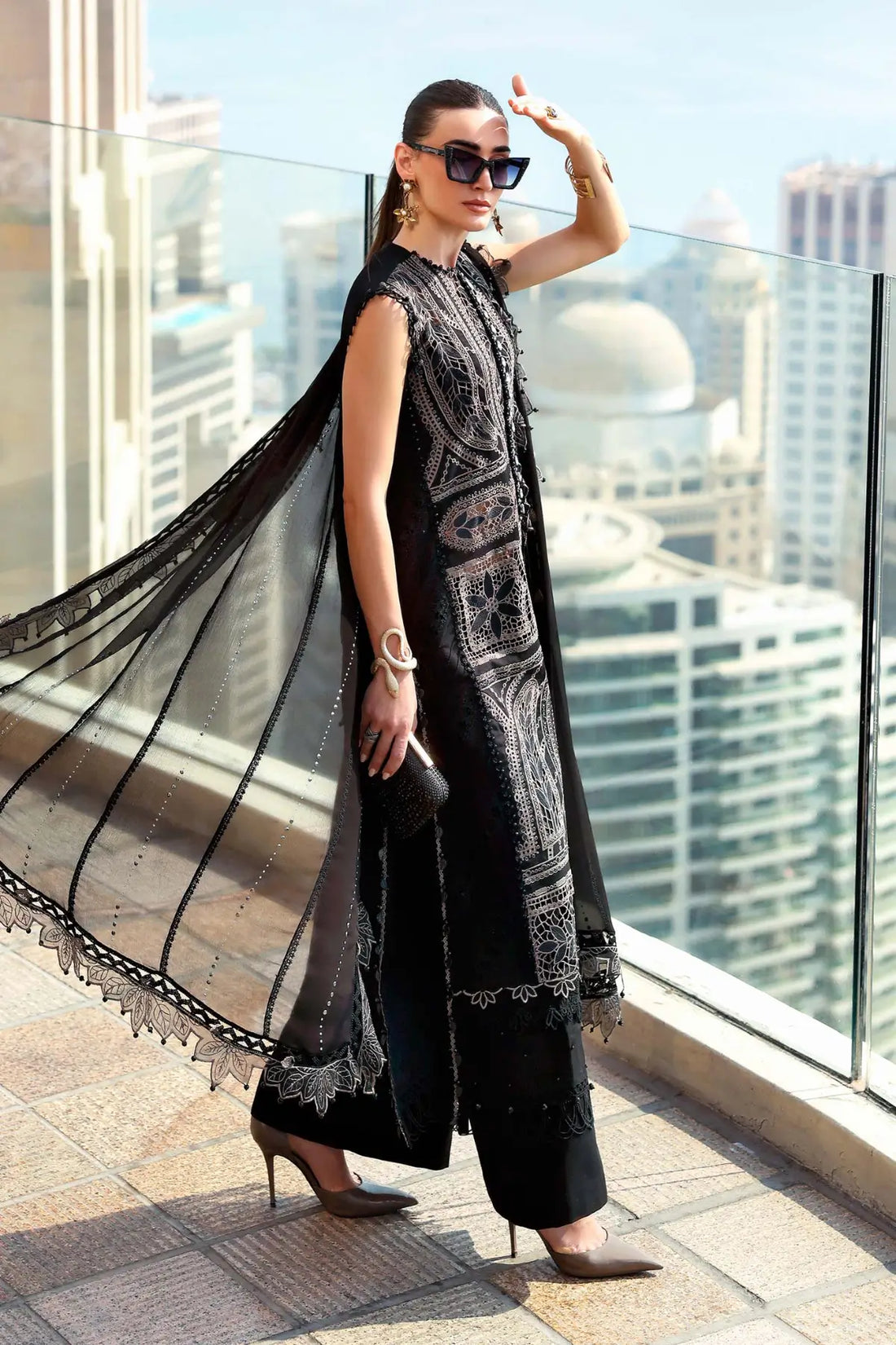 Maria B black festive lawn 3PC stitched suit with diamante chiffon dupatta