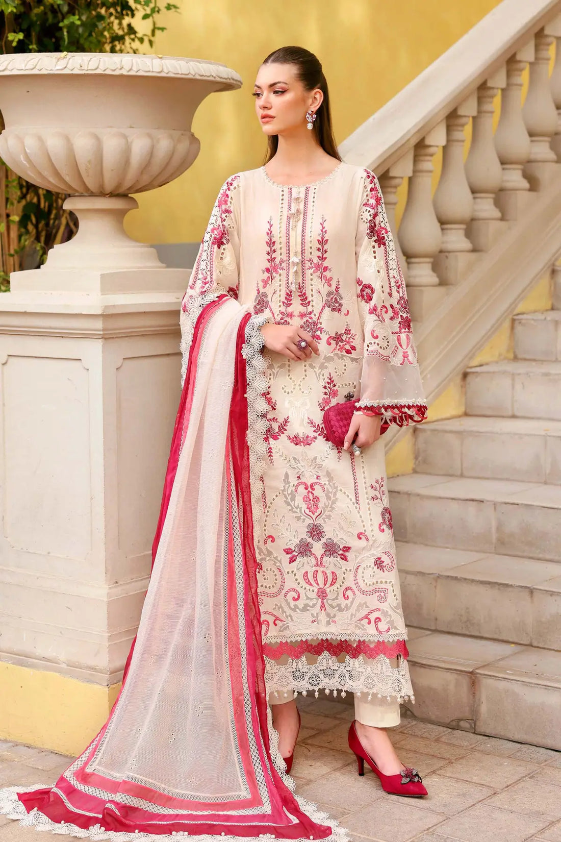 Maria B off-white pink elegant lawn stitched suit with pearl embellishments