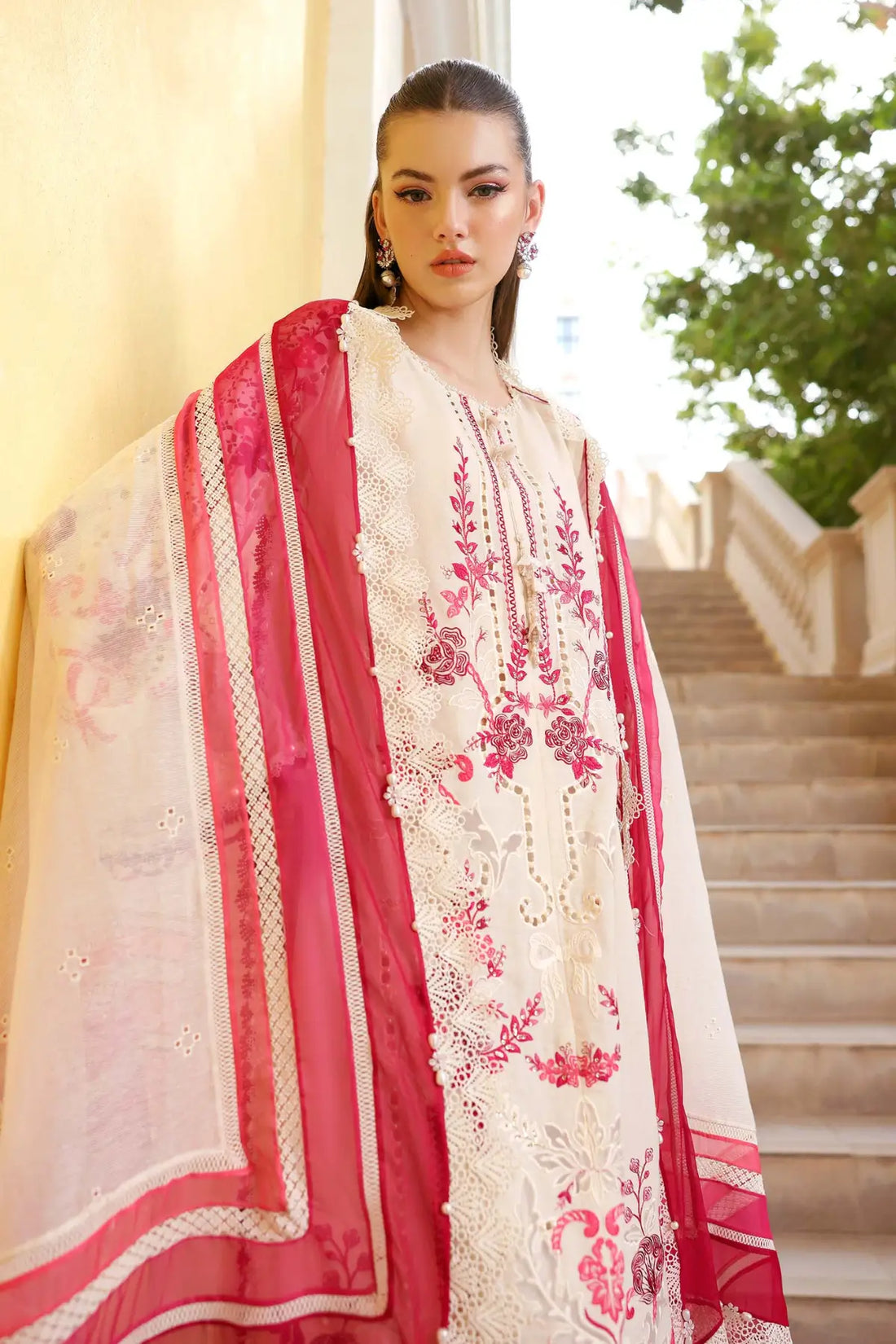 Maria B off-white pink elegant lawn stitched suit with pearl embellishments