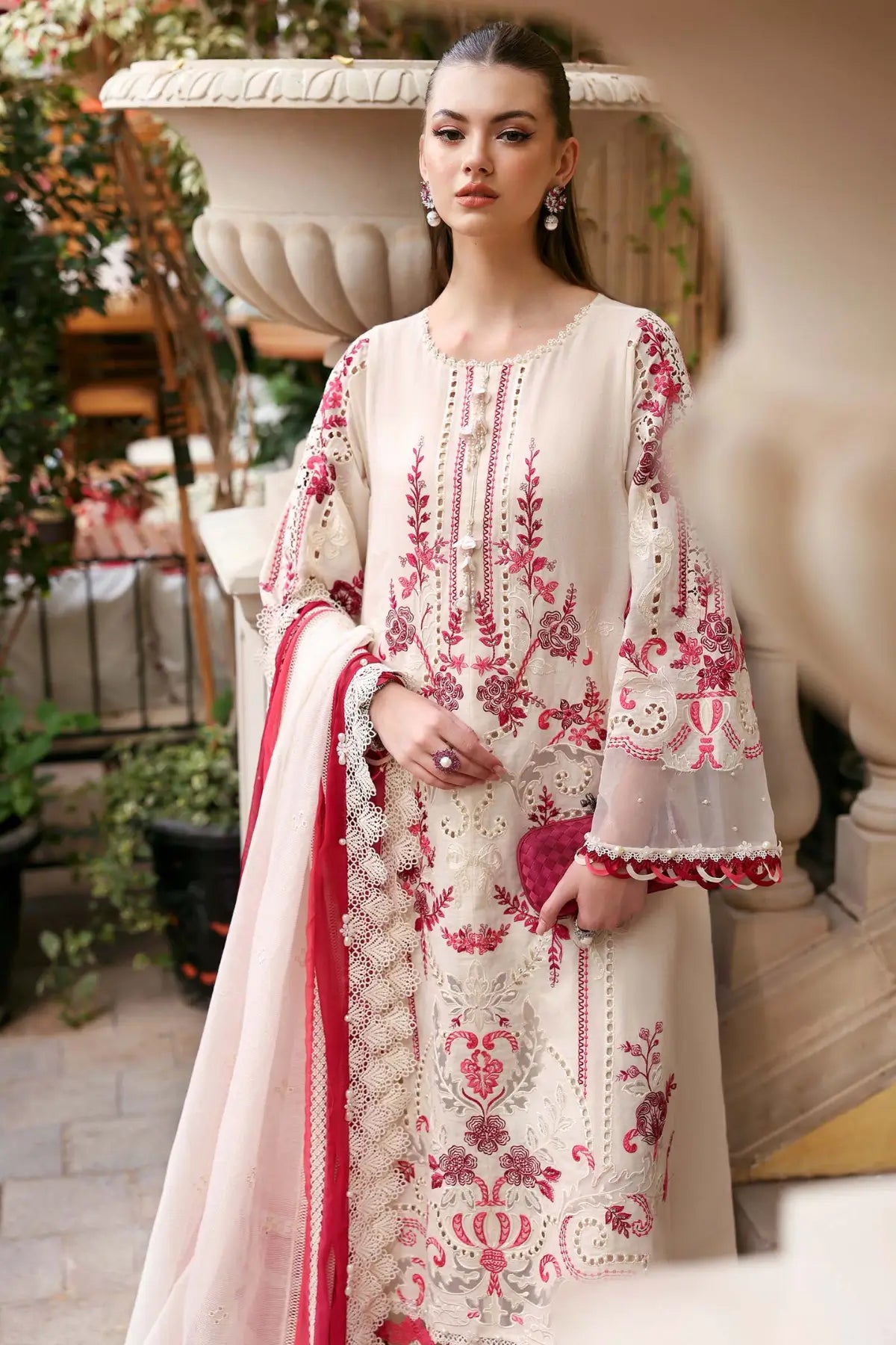 maria b white and pink dress MARIA.B Pearl White, Peach & Aqua Party Wear Dress