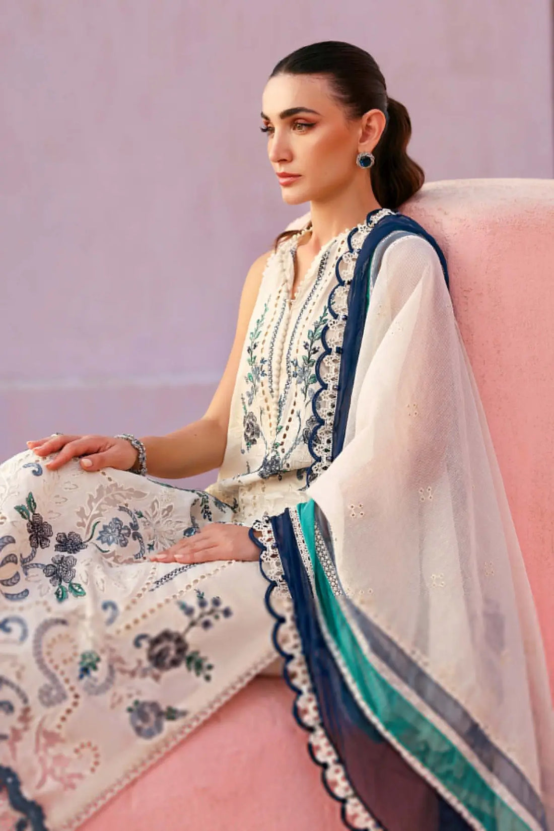 Maria B off-white blue embroidered jacquard lawn stitched suit with pearl work