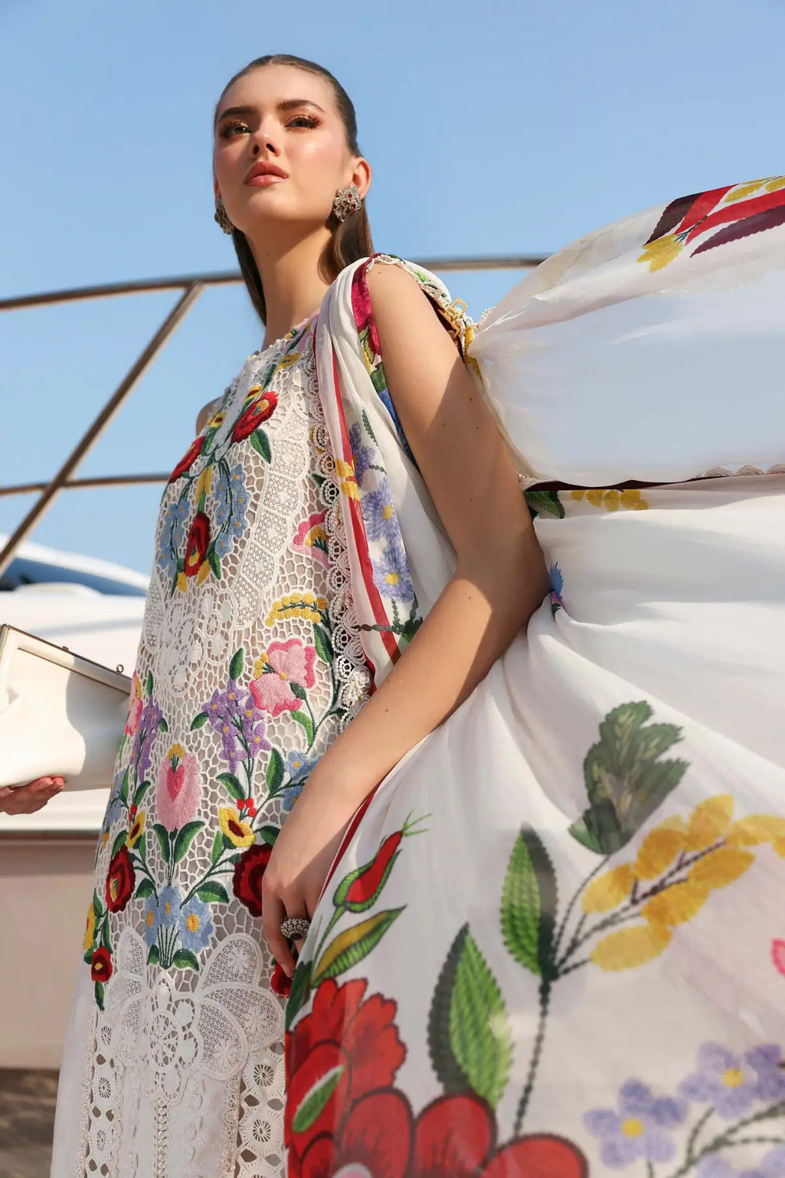 Maria B off-white jacquard lawn 3PC stitched suit with silk dupatta and embroidered details