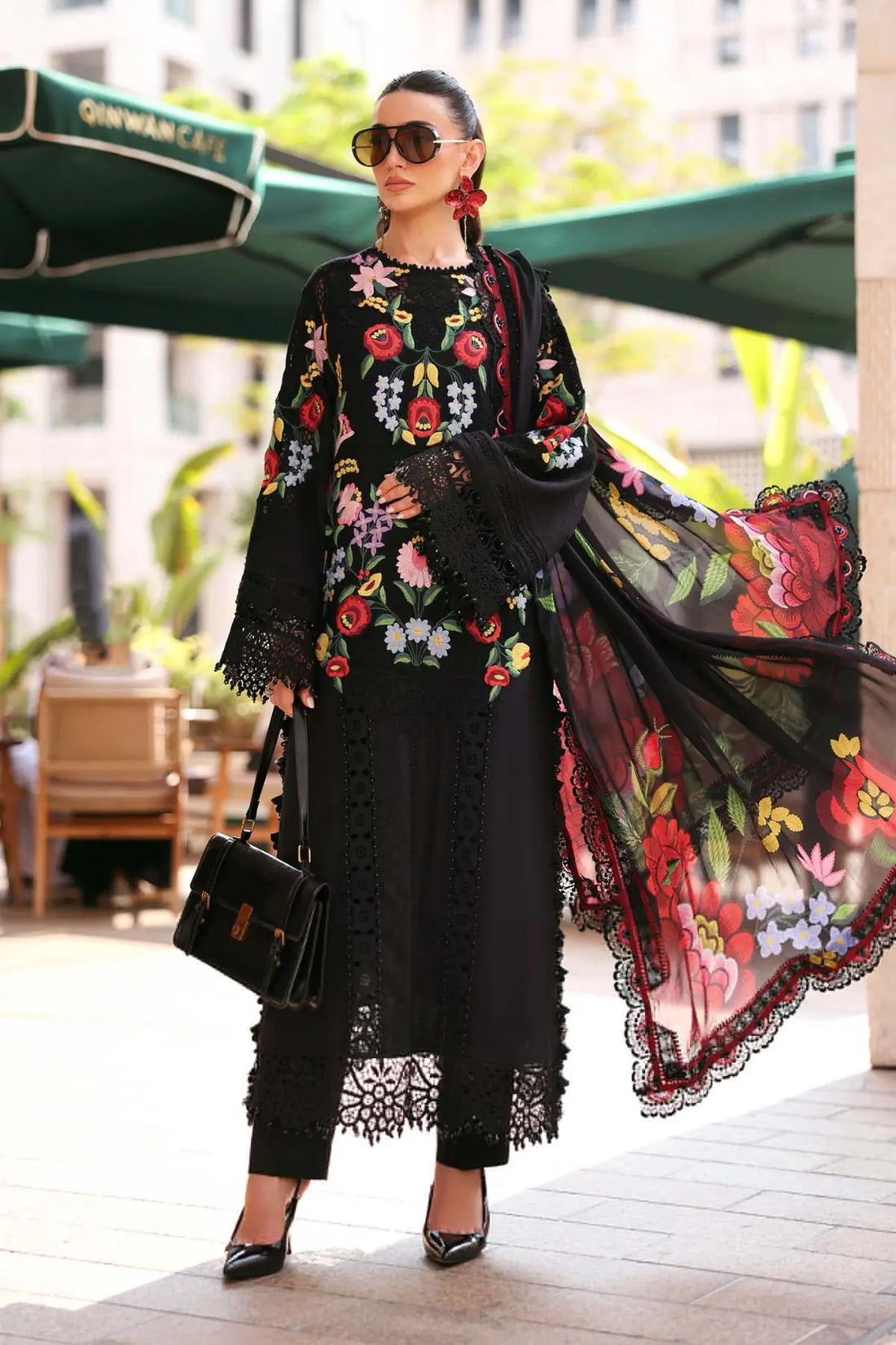 Maria B black formal lawn stitched suit with jacquard fabric and silk dupatta