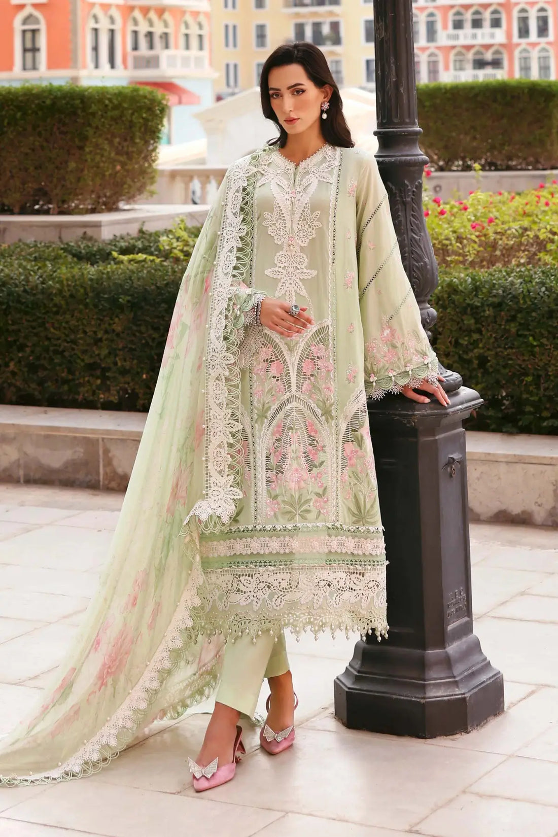 Maria B apple green festive lawn 3PC stitched suit with organza details