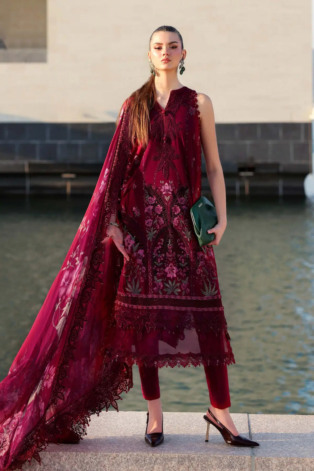 Maria B maroon lawn stitched 3PC suit with embroidered panels and printed chiffon dupatta