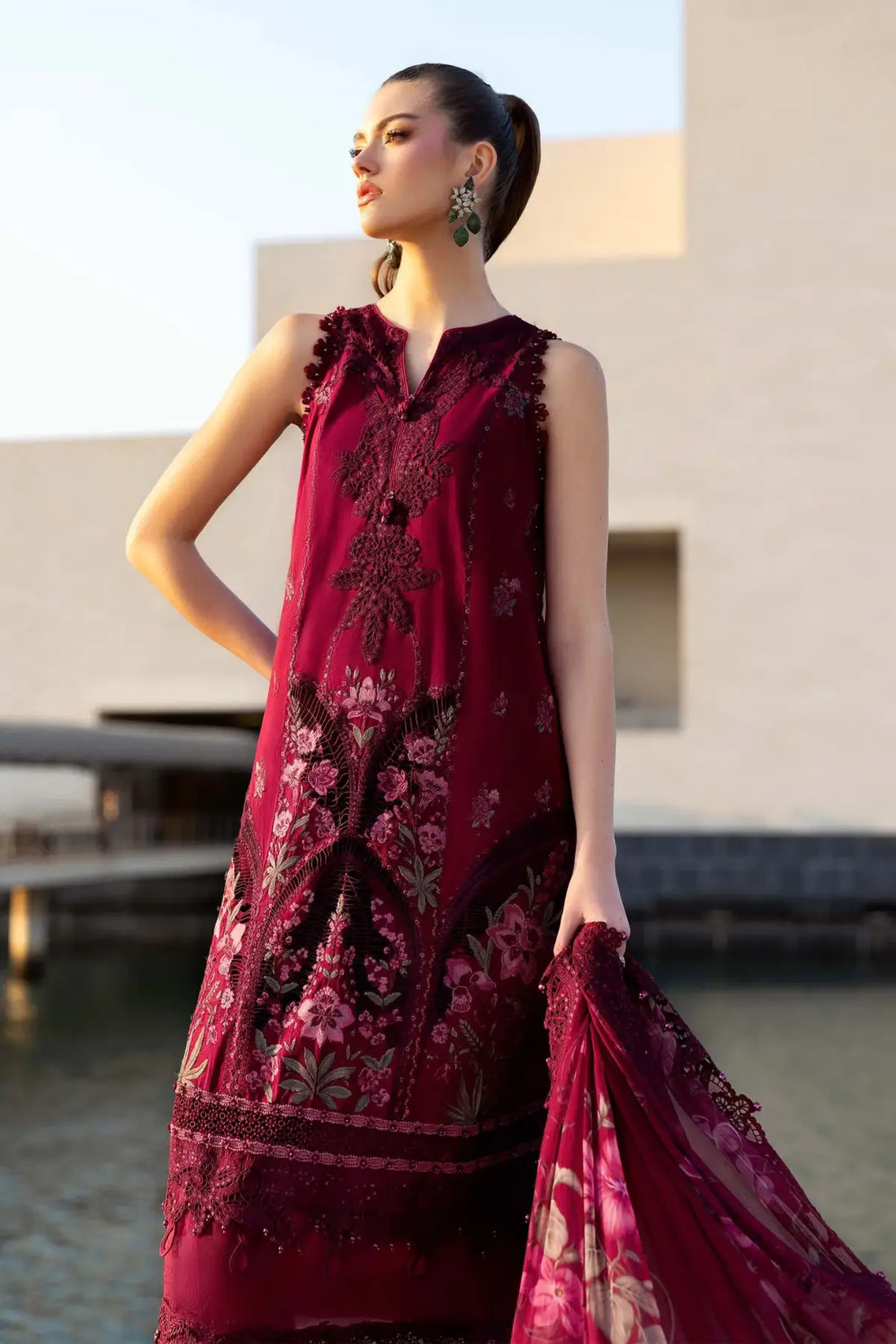 Maria B maroon lawn stitched 3PC suit with embroidered panels and printed chiffon dupatta
