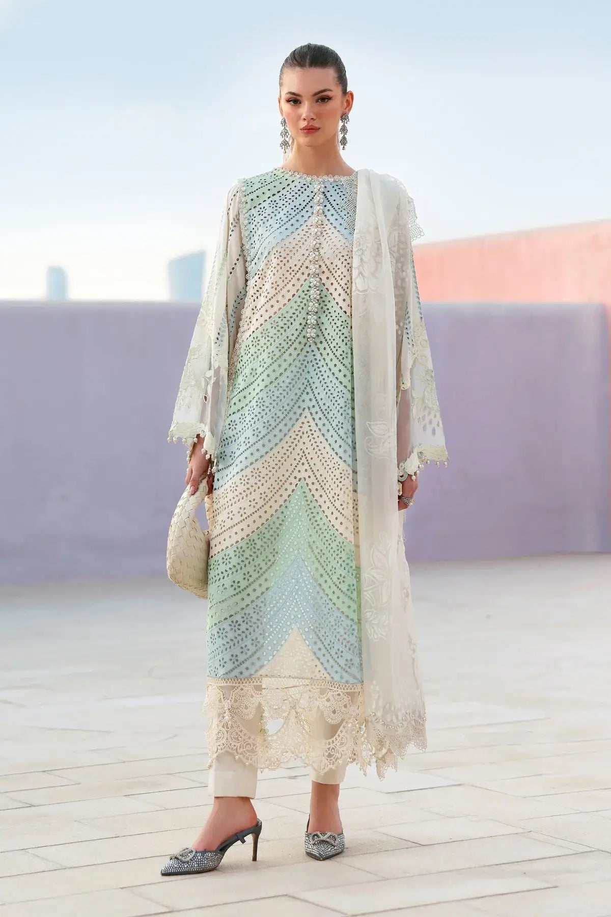Maria B sky blue elegant lawn 3PC stitched suit with embroidery and organza dupatta