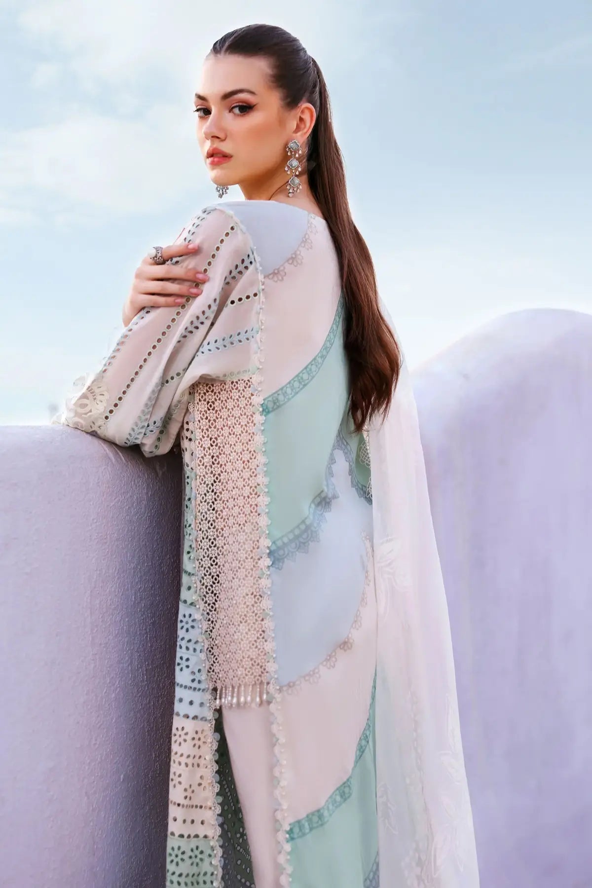 Maria B sky blue elegant lawn 3PC stitched suit with embroidery and organza dupatta