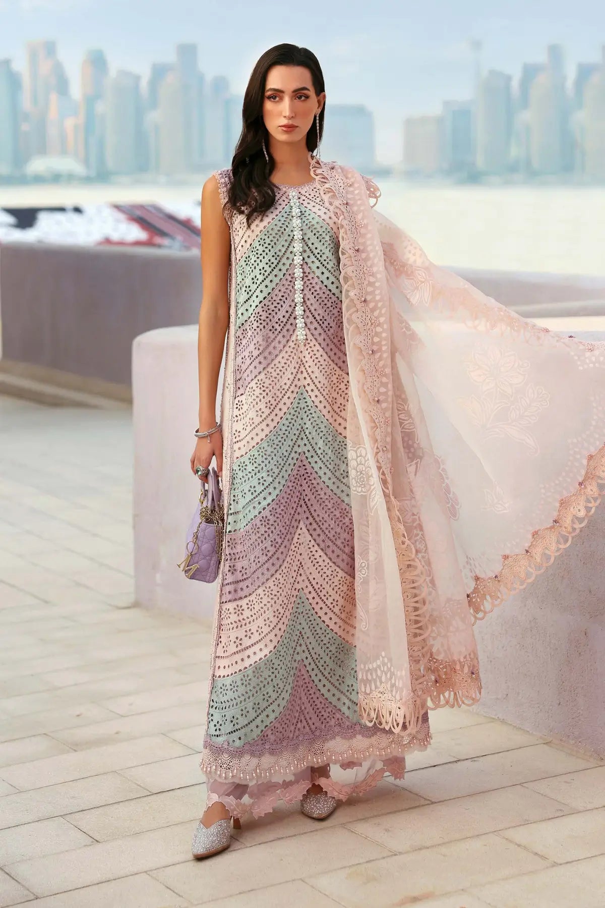 Maria B lilac premium lawn 3PC stitched suit, pearl neckline, 3D floral sleeves, organza dupatta