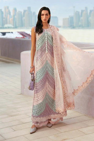 Maria B lilac premium lawn 3PC stitched suit, pearl neckline, 3D floral sleeves, organza dupatta