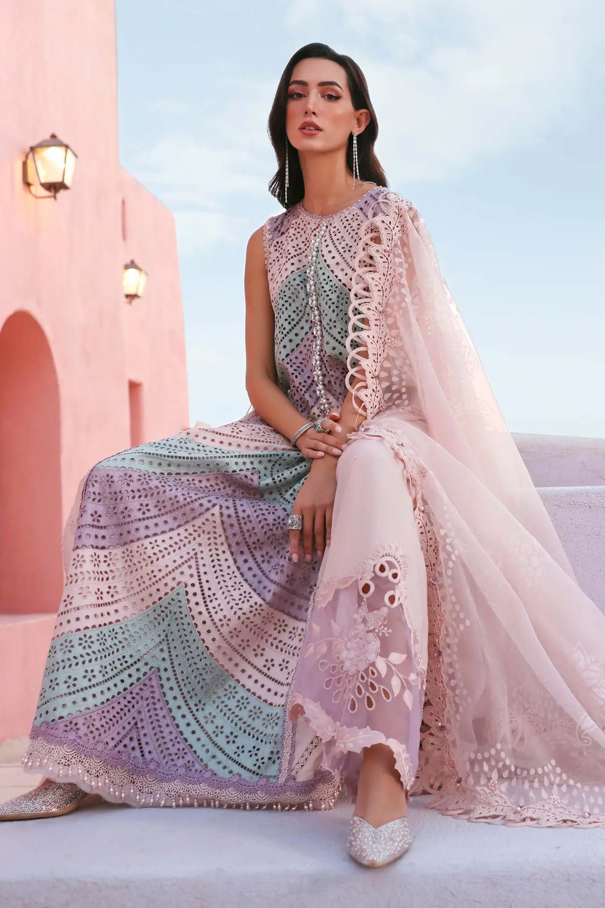 Maria B lilac premium lawn 3PC stitched suit, pearl neckline, 3D floral sleeves, organza dupatta