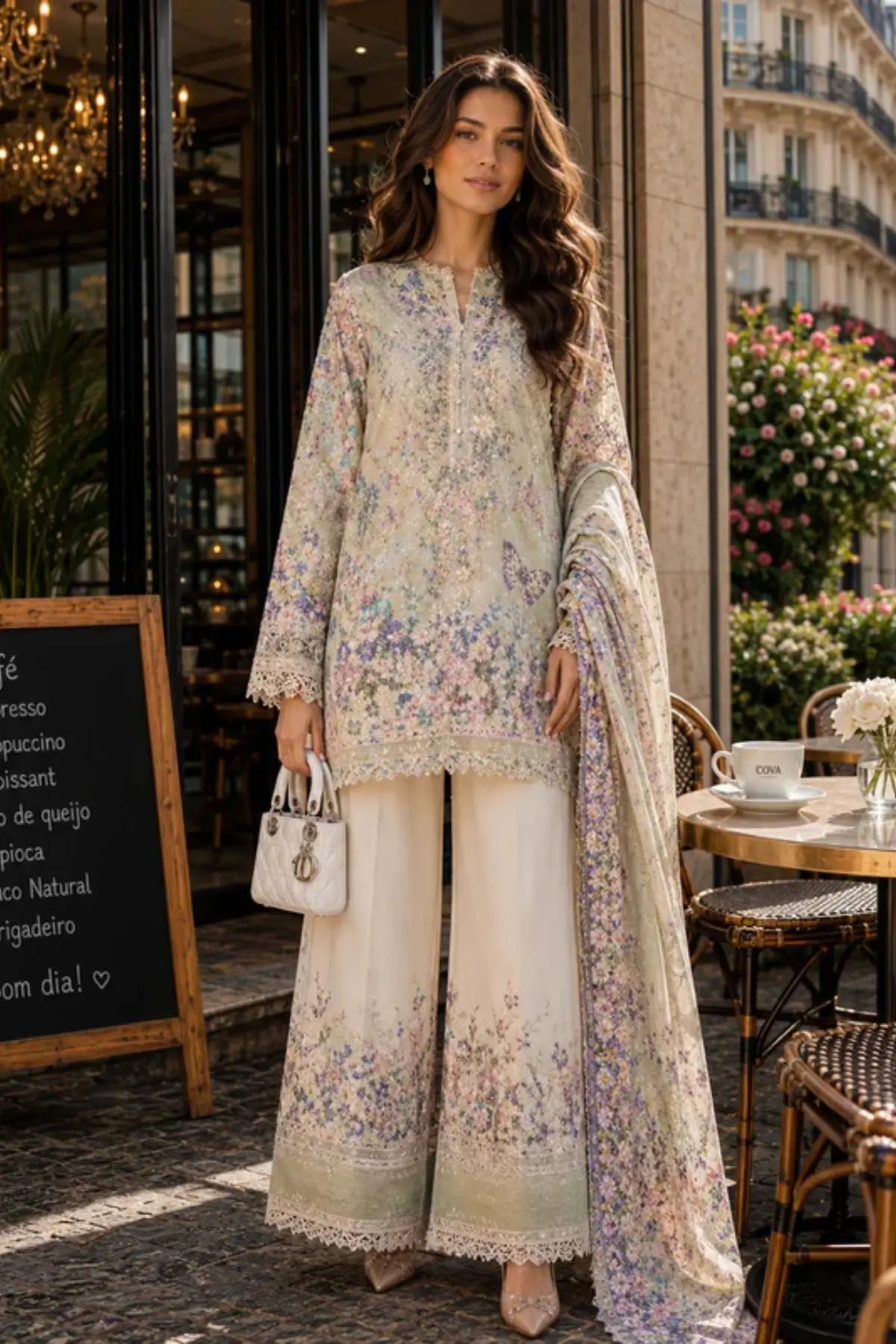 Saadia Asad D10 Sage Symphony sage green semi lawn stitched 3PC suit with silk dupatta by Pakistanimoda