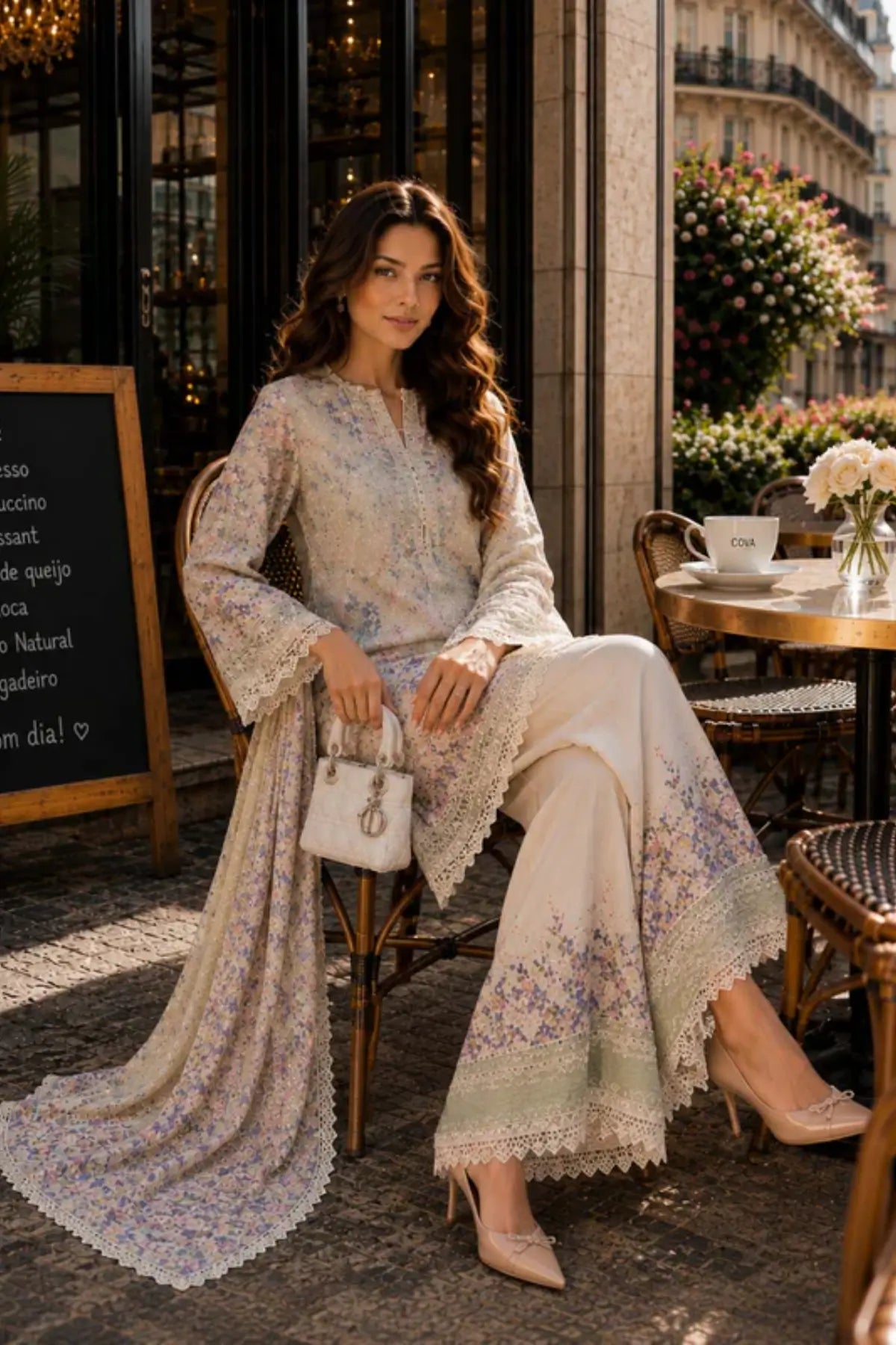 Saadia Asad D10 Sage Symphony sage green semi lawn stitched 3PC suit with silk dupatta by Pakistanimoda